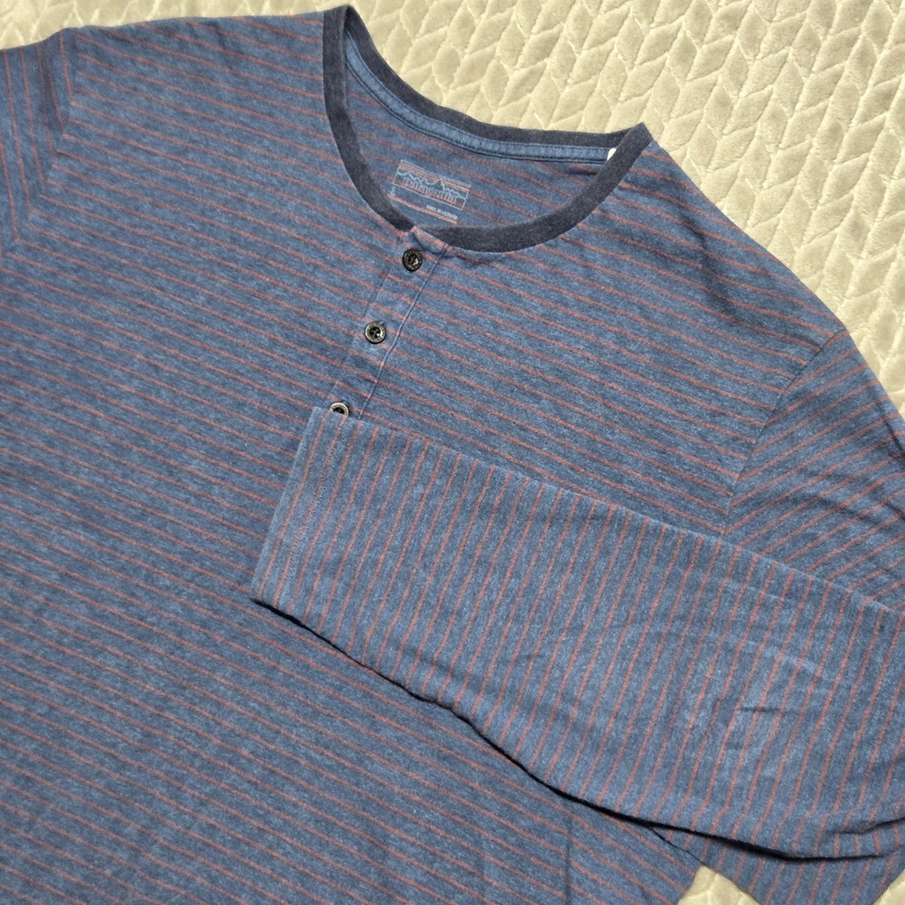 Patagonia Mens Organic Cotton Striped Long Sleeve Henley Shirt Blue 53200 L